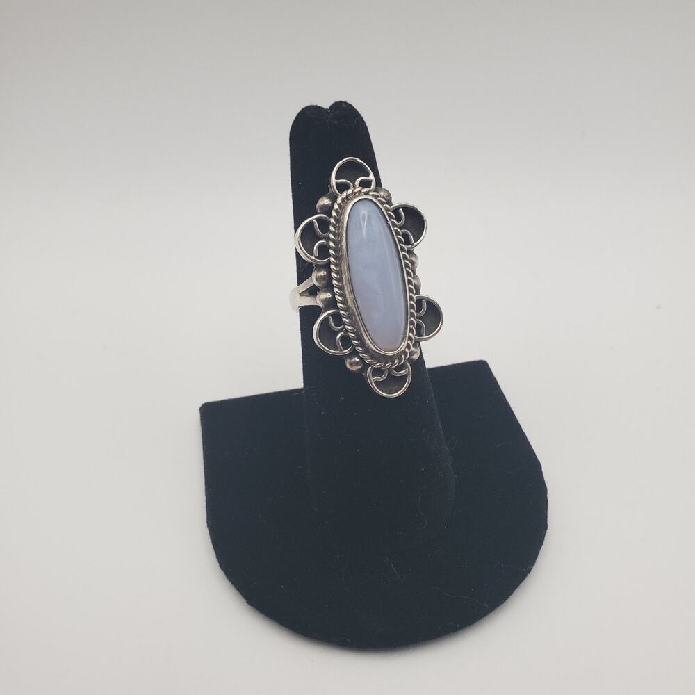 Vintage CII 925 MEXICO Sterling Silver Elongated Blue Lace Agate Ring Size 6